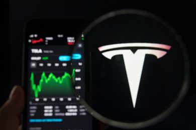 tesla symbol and stock market screen