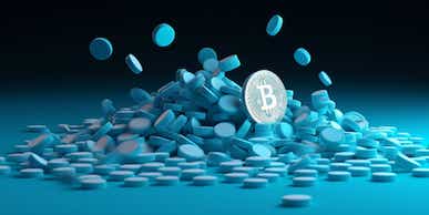 a bitcoin standing vertically atop a large pile of blue Viagara pills, realistic, bright