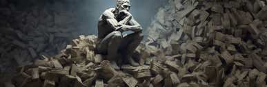 The thinker statue in a pile of cash