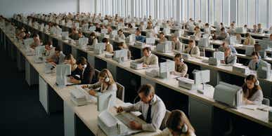 group of people in modern call center