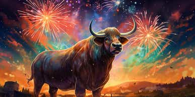 a bull with fireworks in the background, generated with midjourney