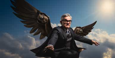 Jerome Powell flying in hawk costume