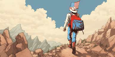 From a back view, Uncle Sam is depicted hiking up a steep and treacherous mountain, navigating a very narrow and challenging path. He is wearing a red backpack with a white percentage (%) sign prominently displayed on it. The image should capture the sense of determination and perseverance as Uncle Sam tackles the arduous ascent, symbolizing the challenges faced in pursuit of progress and growth. The steep mountain, treacherous path, and narrow trail should convey the obstacles encountered along the way. The overall scene should evoke a sense of resilience and the spirit of overcoming adversity