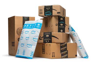 Stacked Amazon boxes and envelopes