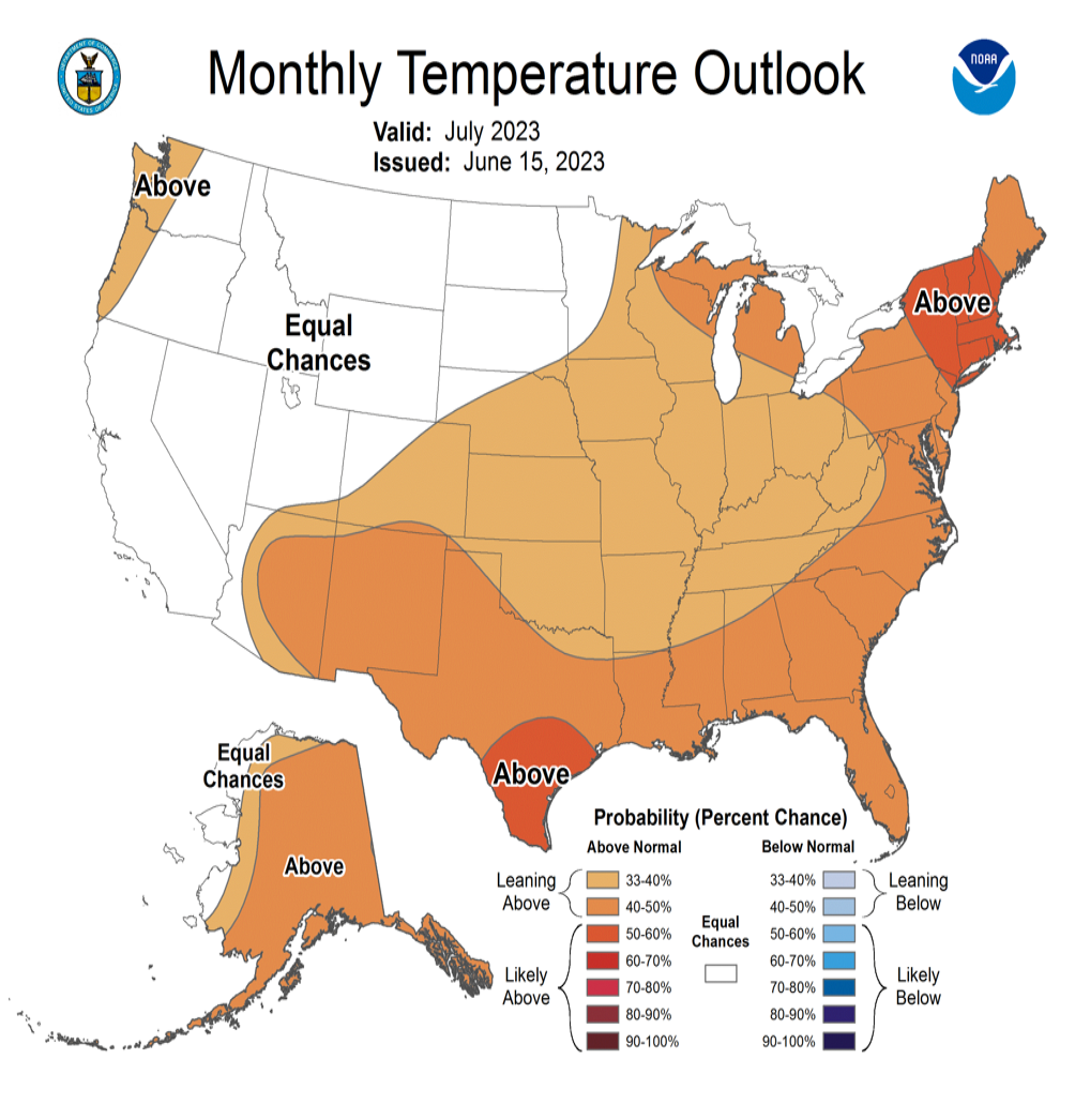 Monthly temperature outlook map of the united states july 2023