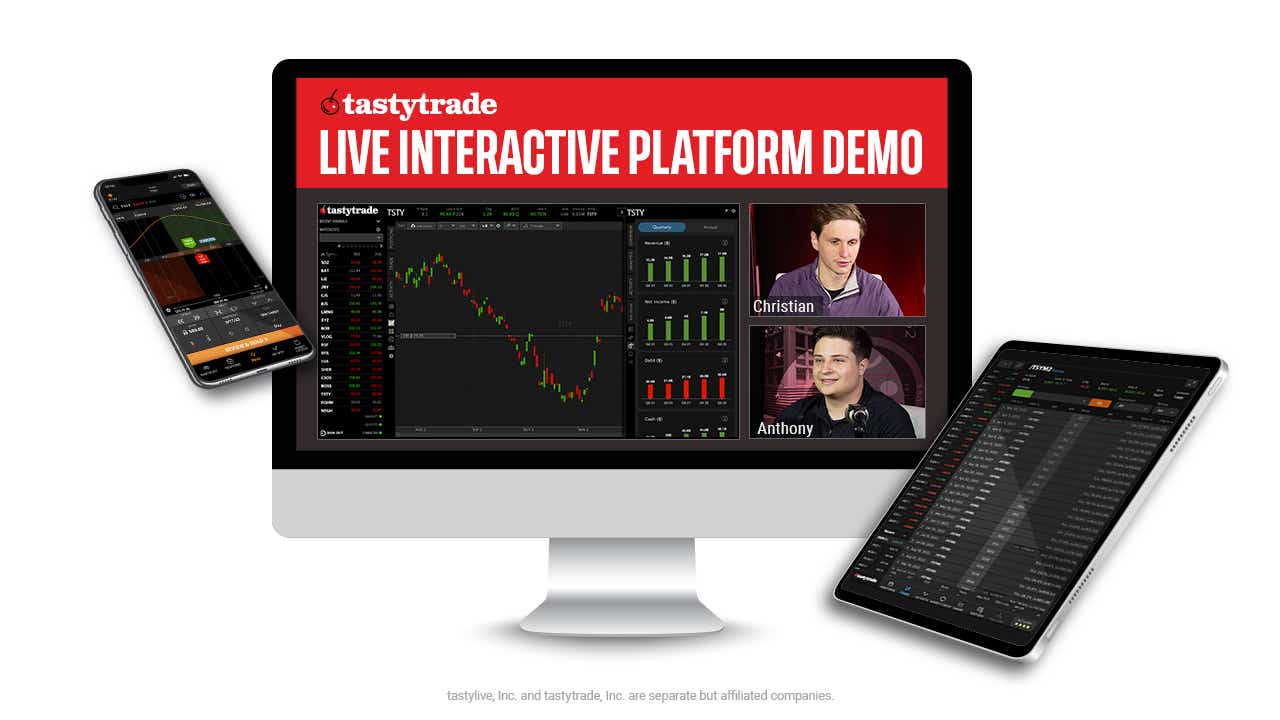 Collage showing devices displaying the tastytrade platform with a banner