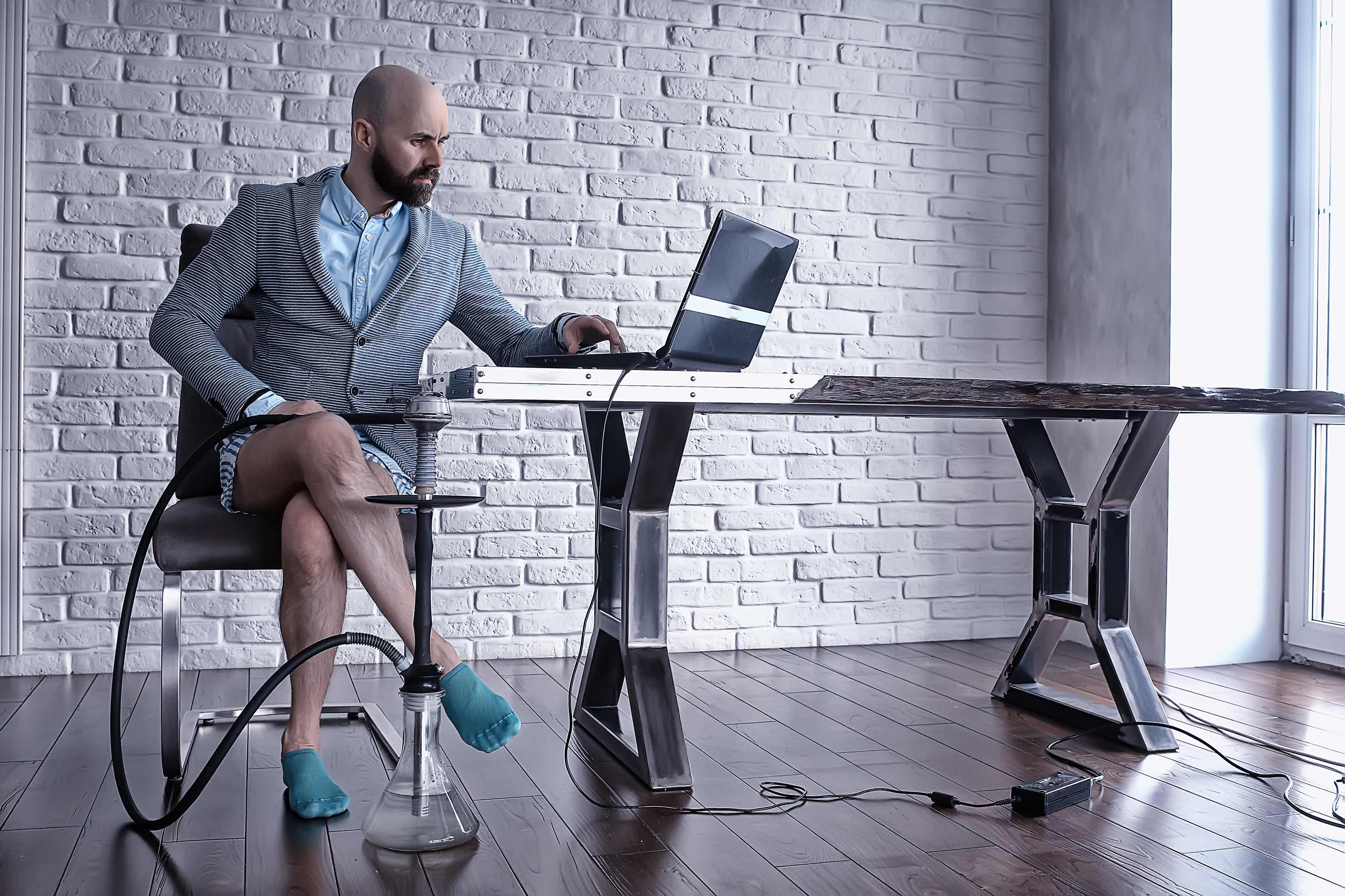 man working remote with no pants