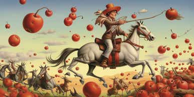 This image was created with MidJourney using this prompt: A traditional cattle roundup with a cowboy on a horse with a big lasso where all of the cattle are replaced with bright red cherries with stems
