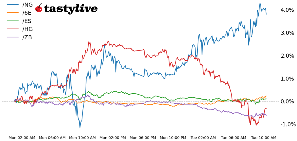 S&P 500, 30-year T-bond, copper, natural gas, euro futures