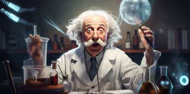 Einstein looking lab guy in a lab coat with test tubes and a surprised look on his face