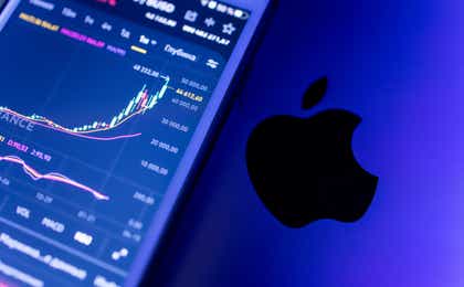 The Apple logo on a blue background of a stock exchange and share price