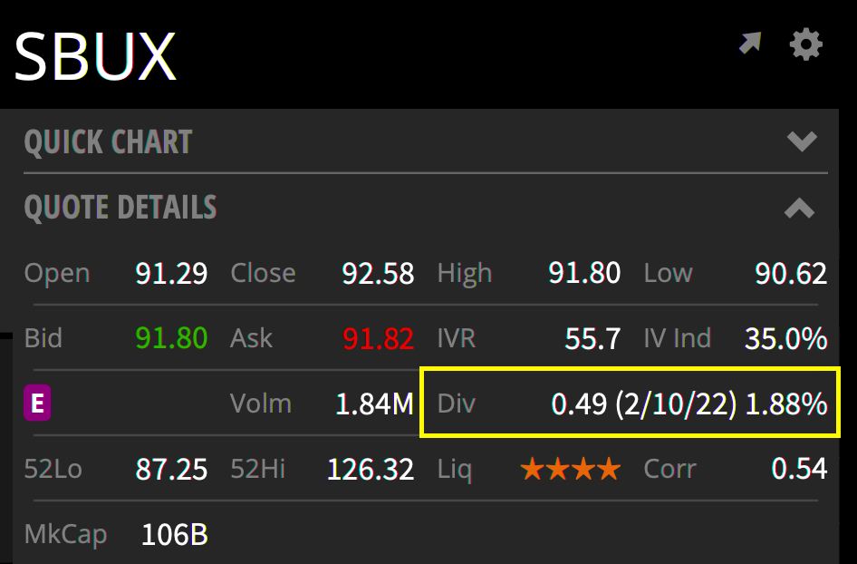 Screenshot of SBUX tastytrade Dividend Yield