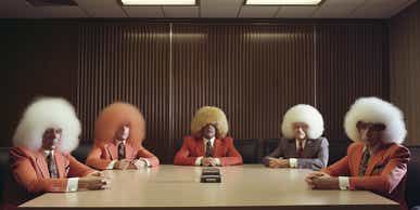 men wearing big wig and suits at a conference table in a meeting-like setting