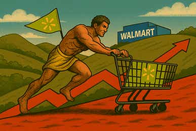 Sisyphus pushes a Walmart shopping cart up a hill