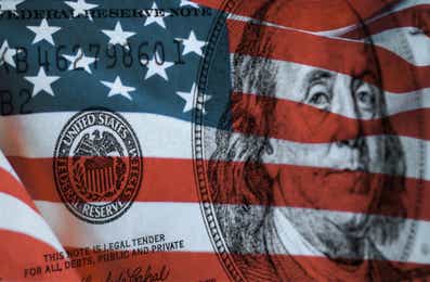 united states federal reserve logo with flag and dollar bill