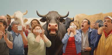 A group of individuals, holding or covering their noses, react to the strong odor of flatulence emanating from two large bulls. The humorous scene captures the comical and relatable nature of the situation as the people respond to the unexpected gassy emission. The image highlights the shared experience of the individuals and their reactions, evoking a sense of lightheartedness and amusement