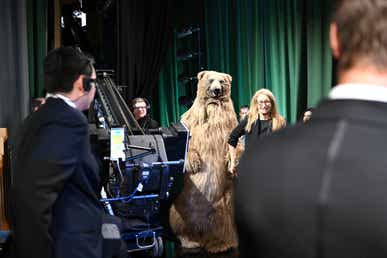 Human in a bear suit backstage