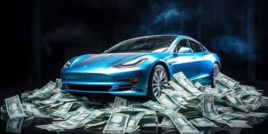 blue tesla car on top of a pile of cash