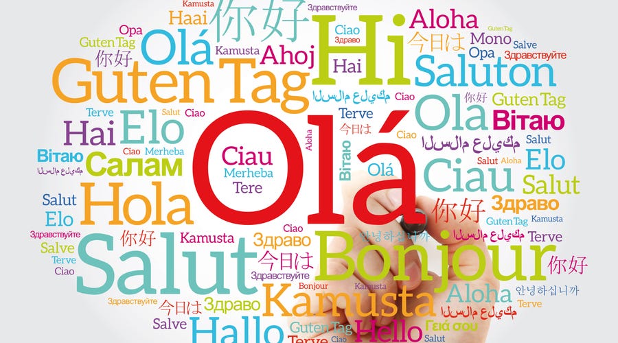 Nube de palabras 'Hola', 'Bonjour', 'Guten Tag' en varios idiomas, diversidad lingüística Berlitz."