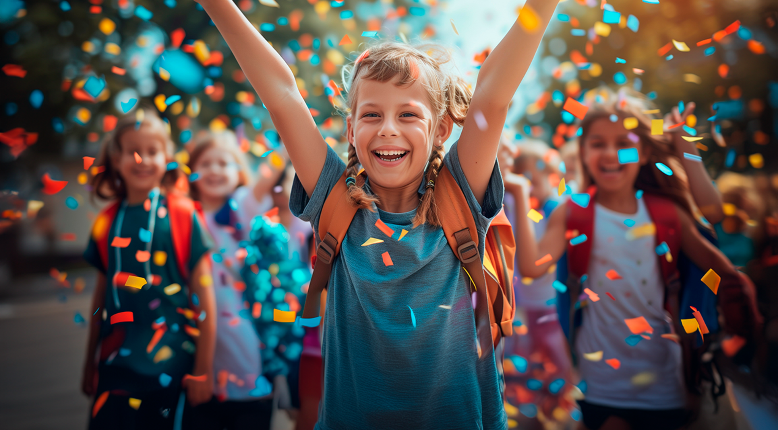 Una niña feliz levanta los brazos bajo una lluvia de confeti, celebrando con otros niños.