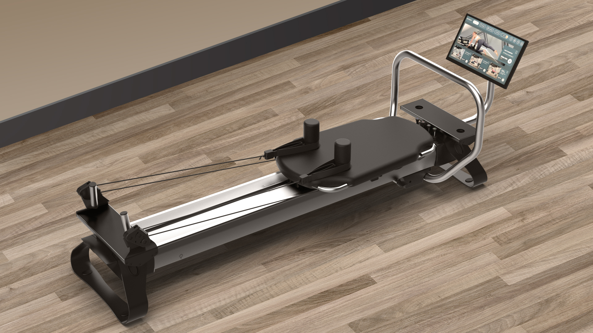 Overhead angled view of the Ultra 1 Reform RX-S featuring expanded resistance capacity, push-button Smart Spine™ controls, and integrated 24-inch touchscreen for connected Pilates training.