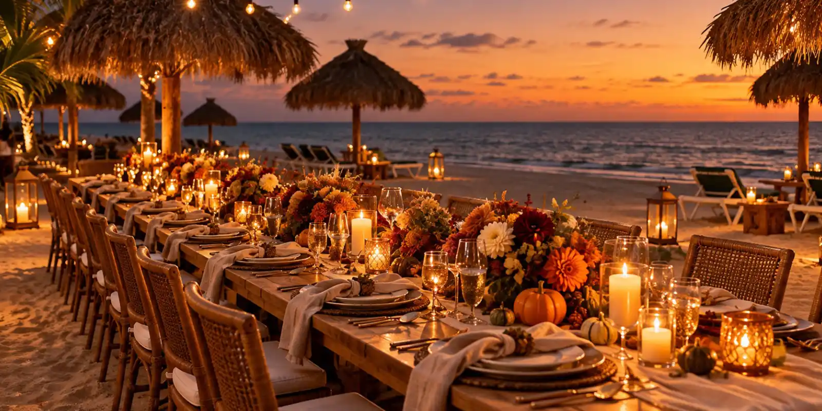 Long table set for Thanksgiving dinner on the sand at dusk