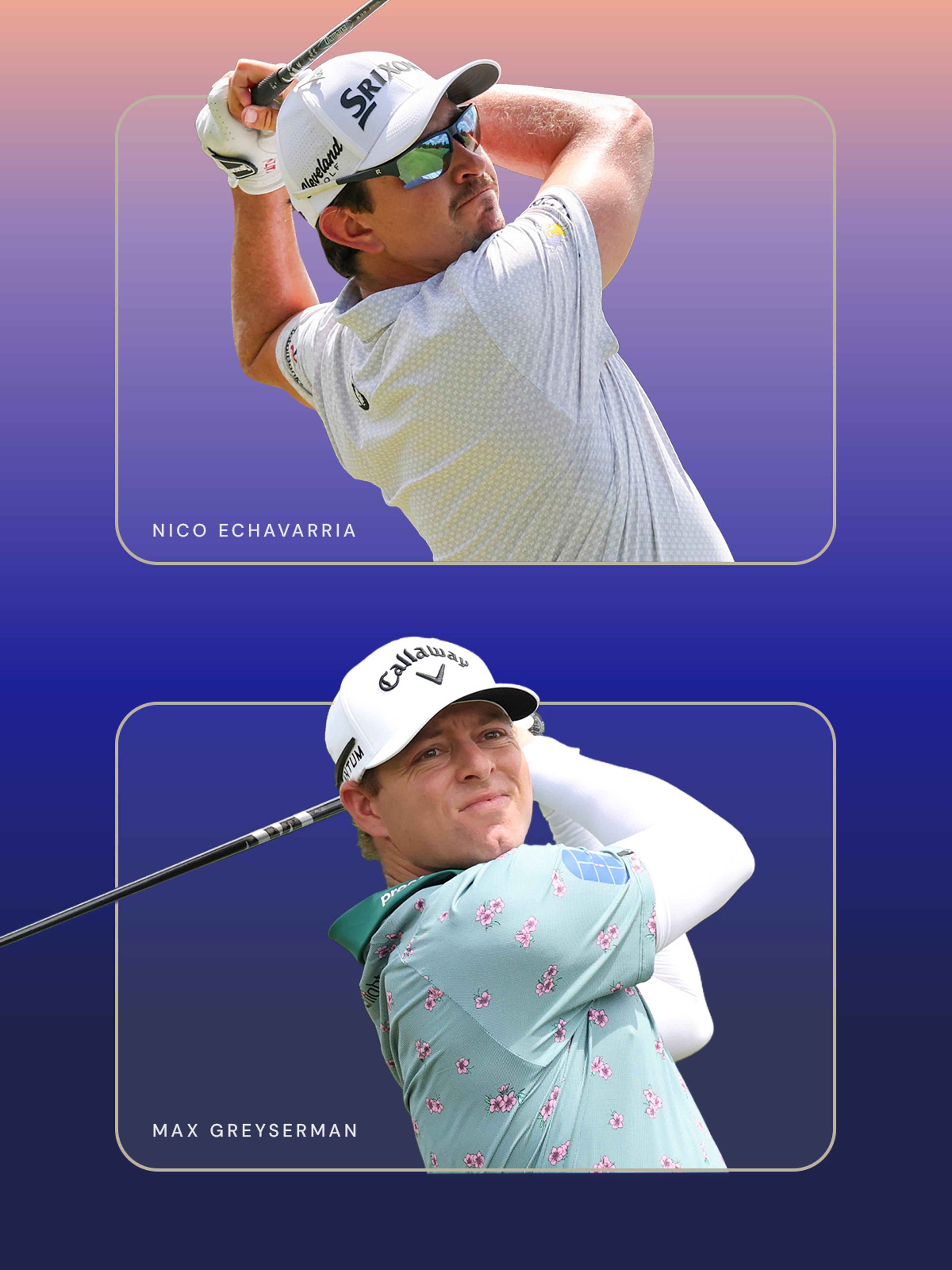 PGA TOUR players Nico Echavarria in mid-swing on the upper card, and Max Greyserman swinging on the lower card.