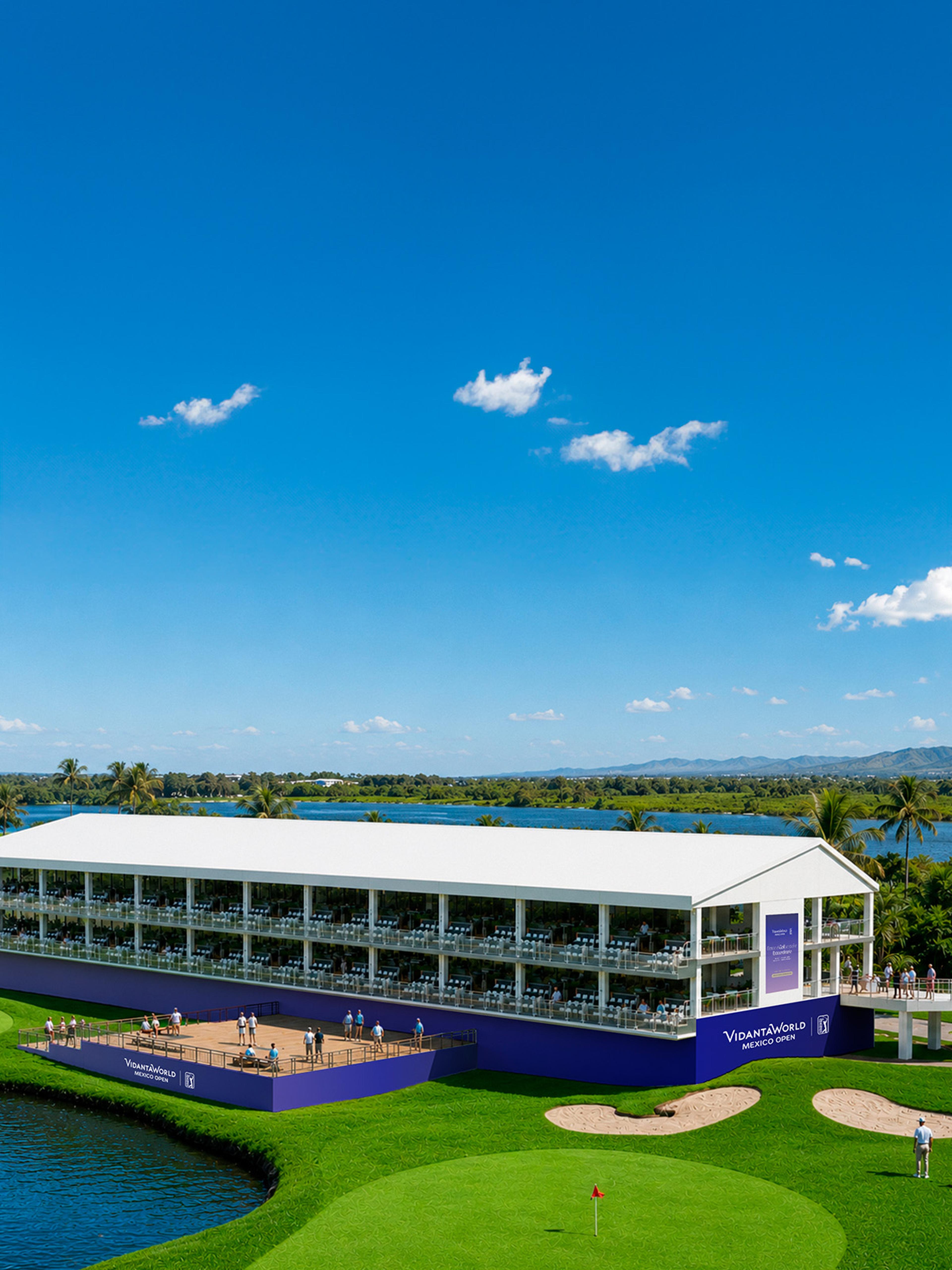 Hospitality suites y gradas sobre el hoyo 17 en el campo de golf VidantaWorld Vallarta