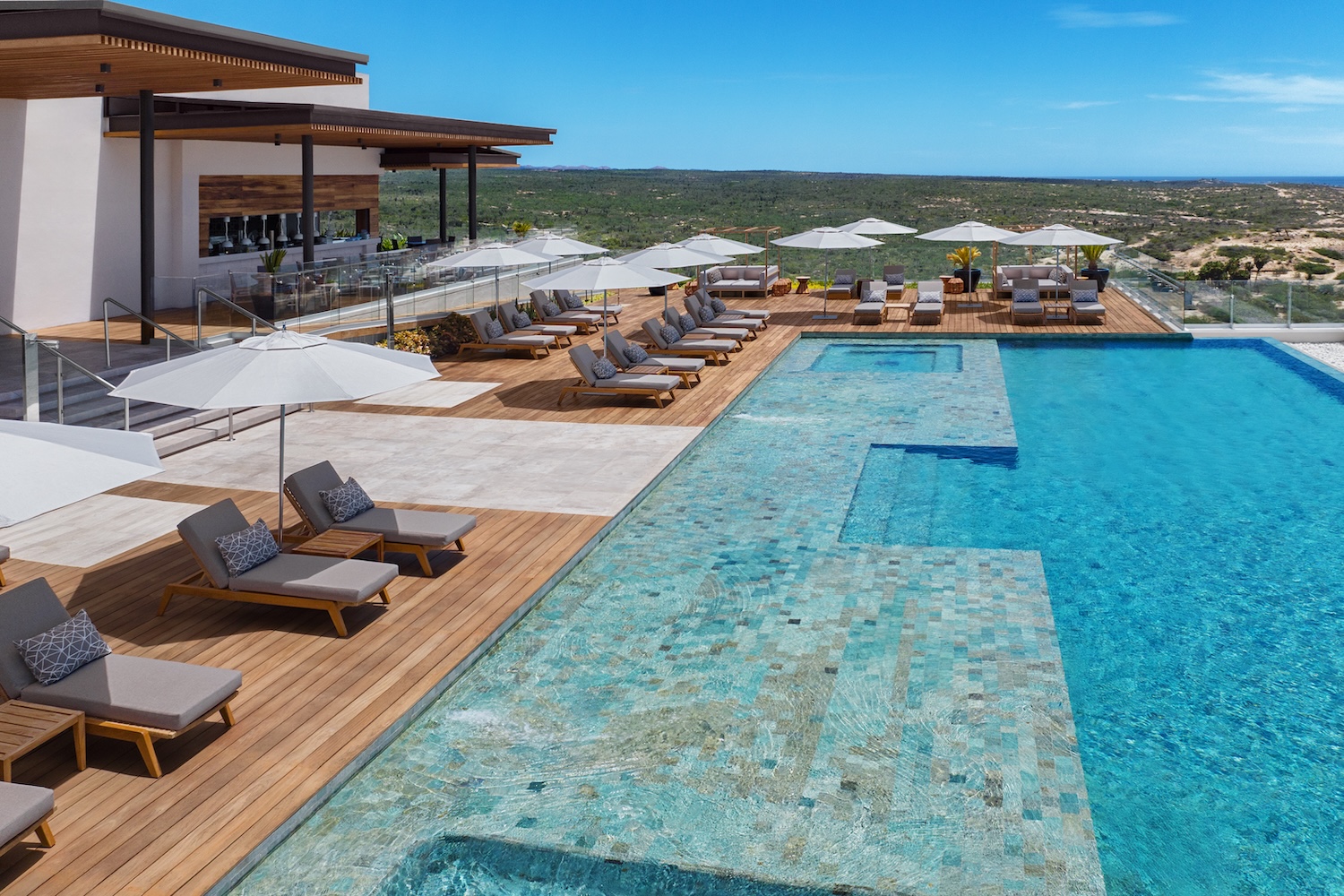 The Sky Garden Pool is a rooftop, infinity-edge pool whose blue waters seem to merge with the Sea of Cortez and the horizon beyond, making guests feel like they’re swimming from the sky into the sea below.