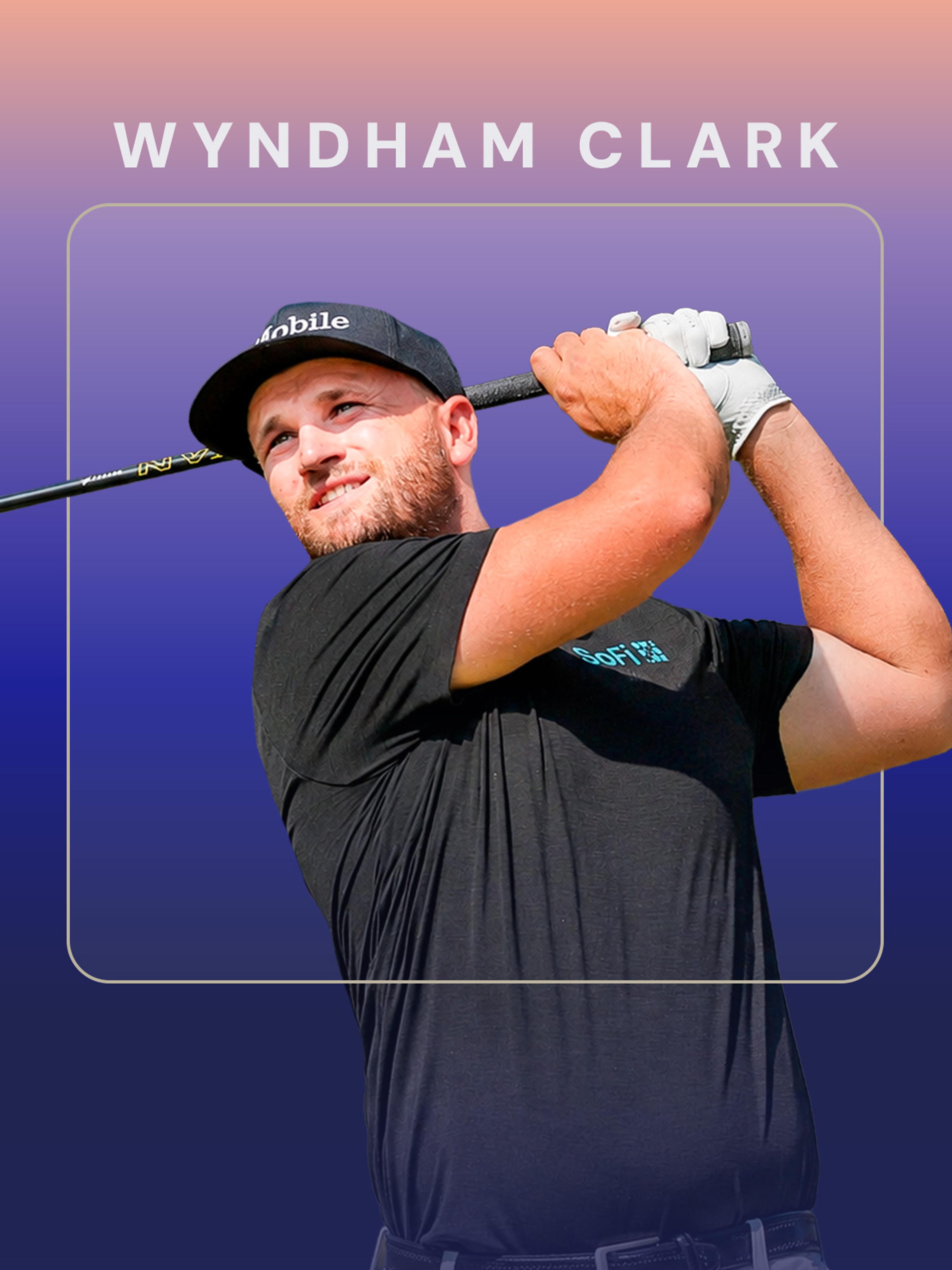 Professional golfer Wyndham Clark during his follow-through swing on the golf course.