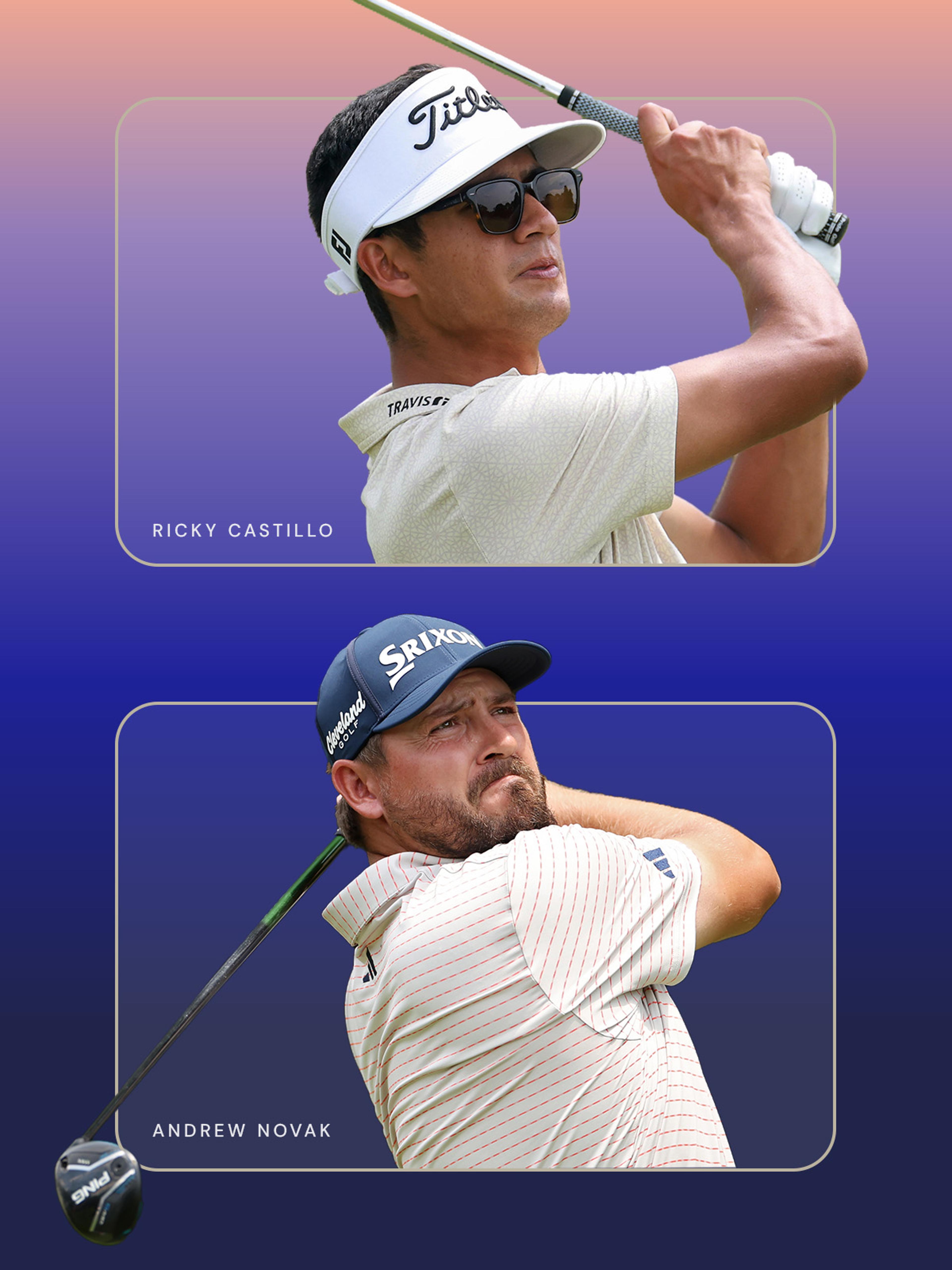 Golfers Ricky Castillo executing a swing shot on top, and Andrew Novak setting up his drive below.