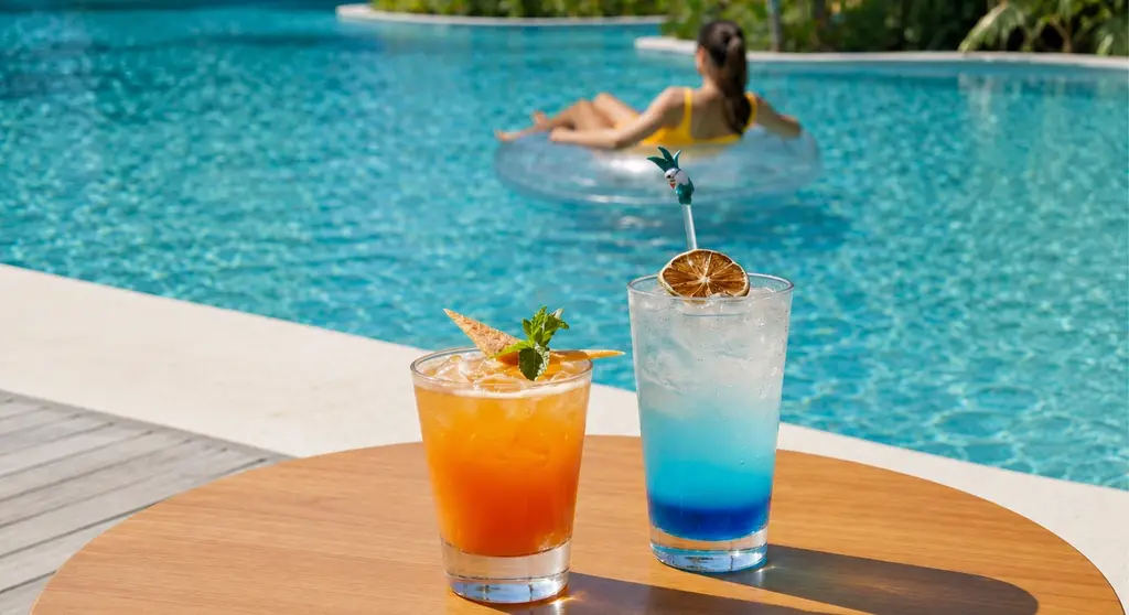 Cocteles junto a la alberca en Jungala Aqua Experience, con una visitante flotando de fondo