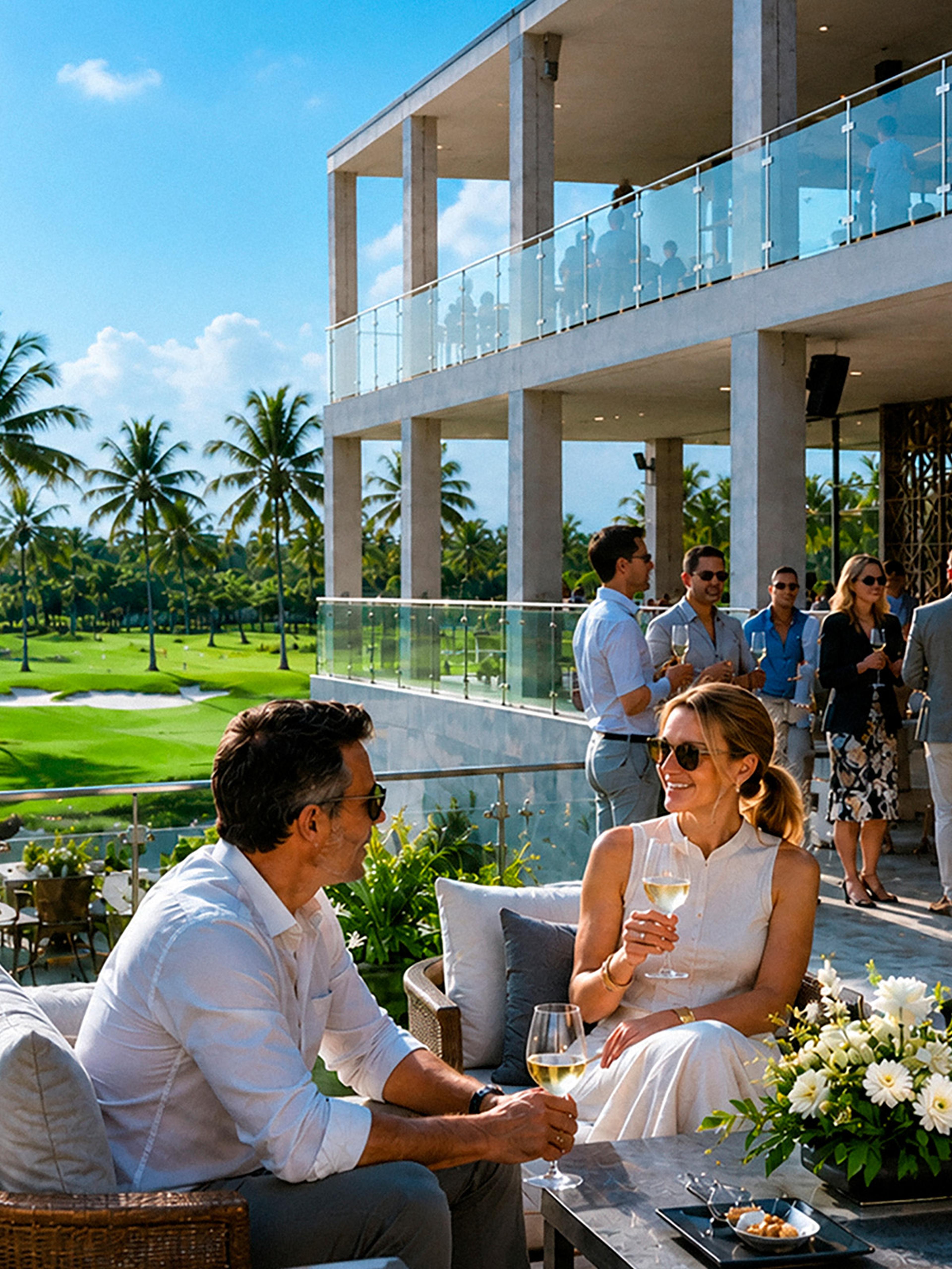 Asistentes disfrutando de bebidas y gastronomía gourmet en la zona VIP del VidantaWorld Mexico Open