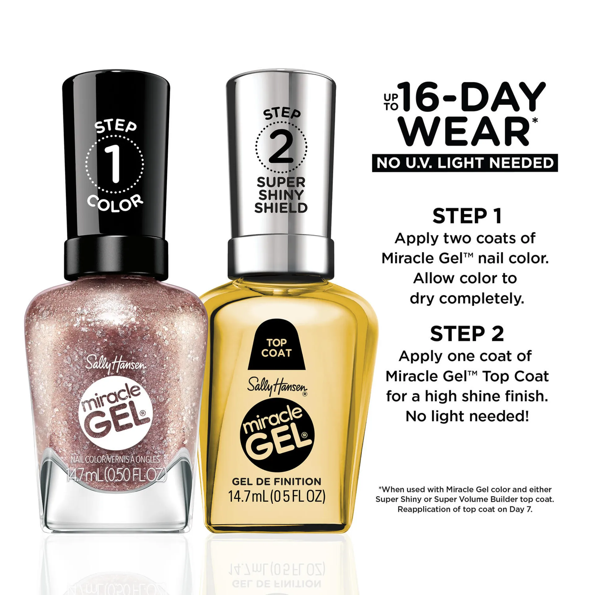 Step 1: Apply one coat of Sally Hansen Miracle Gel Supercharged Bold Glam in Gilded Gossip 204 to clean nails