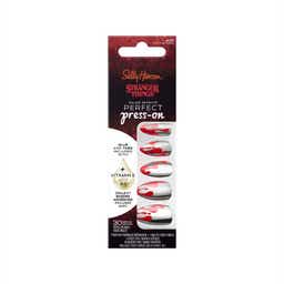 Sally Hansen's Stranger Things press-on nails package featuring chrome and red designs, includes glue and vitamin-enriched adhesive tabs.