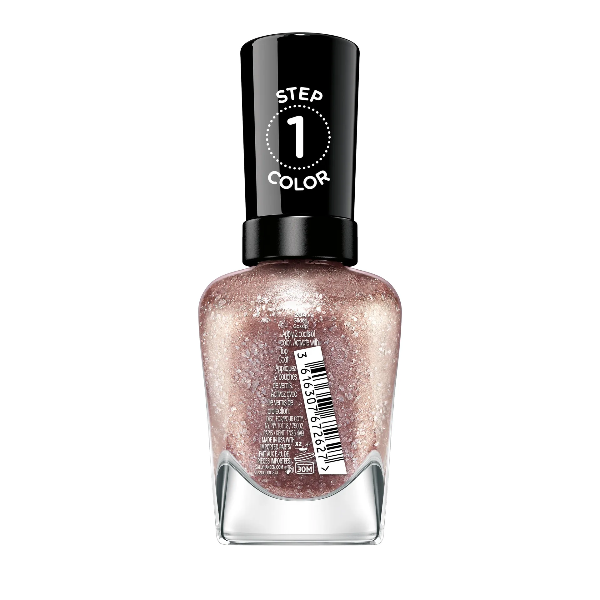 Back of Sally Hansen Miracle Gel Supercharged Bold Glam nail polish bottle in Gilded Gossip 204 showing product label and ingredients