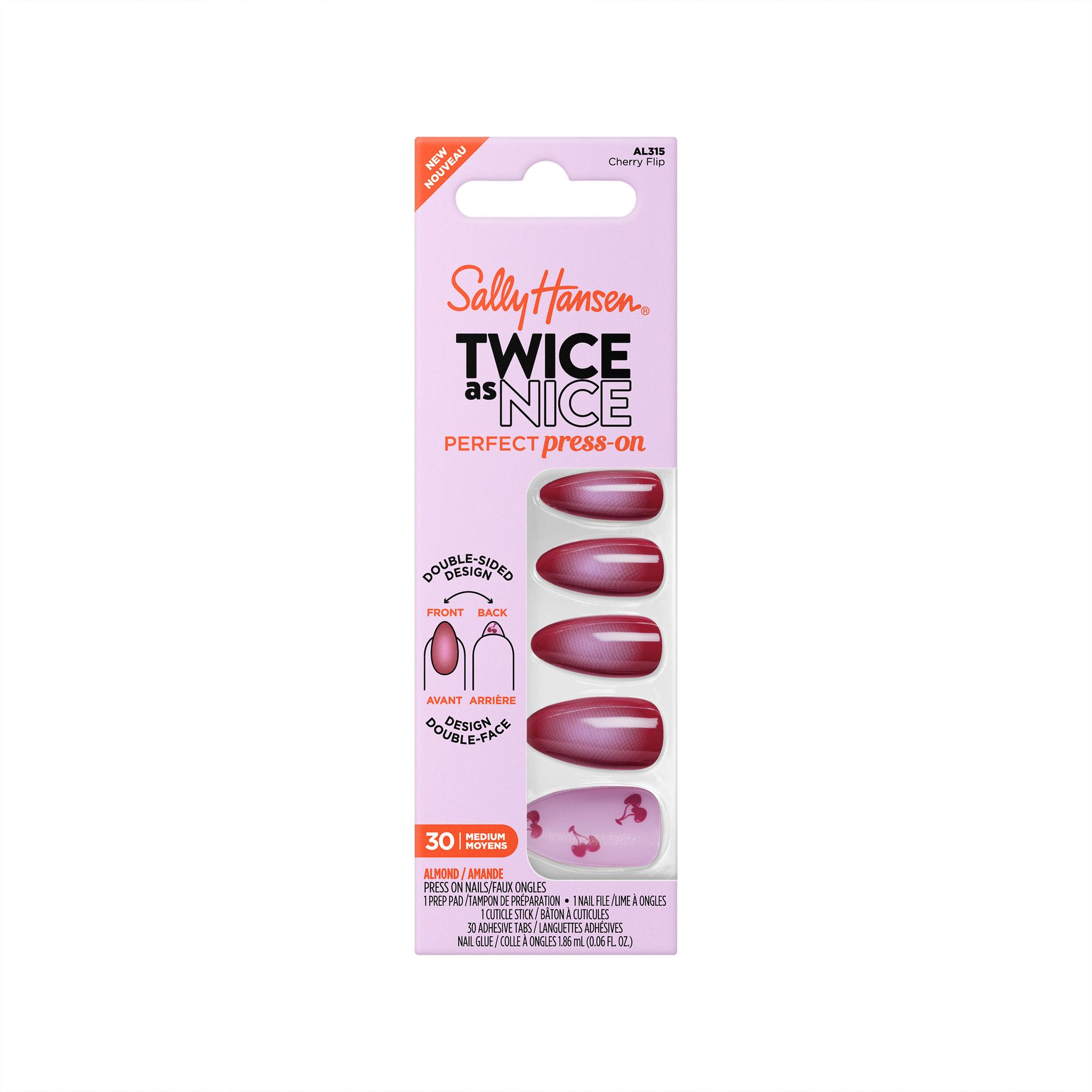 Sally Hansen Twice As Nice Perfect Press On nails in Cherry Flip AL315 — front of carton pack showing double-sided almond press-on design