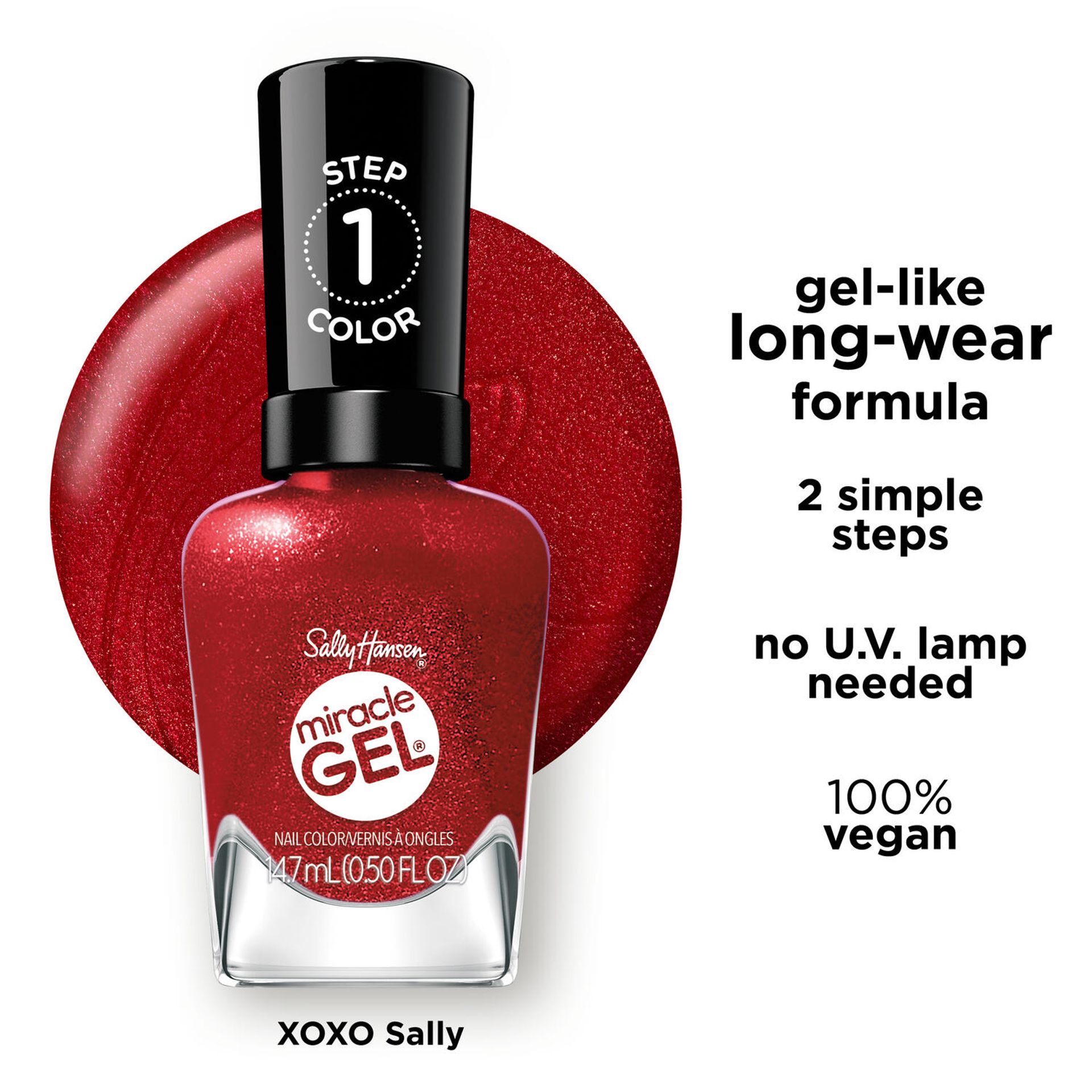 Sally Hansen Miracle Gel Supercharged Bold Glam nail polish bottle in Show Stop-Pearl 239, a pearlescent iridescent pink, with color texture swatch