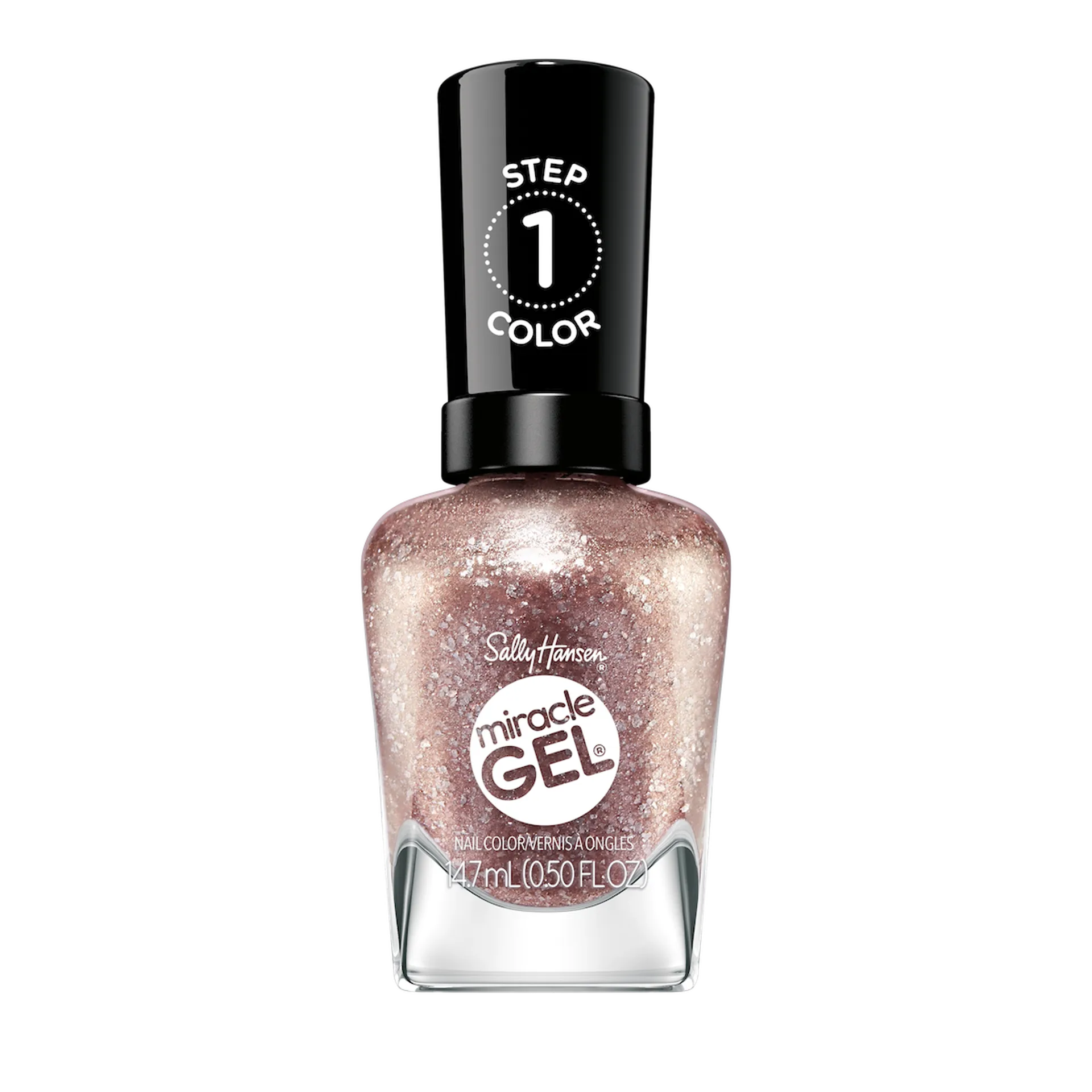 Sally Hansen Miracle Gel Supercharged Bold Glam nail polish bottle in Gilded Gossip 204, a lustrous gold metallic shade