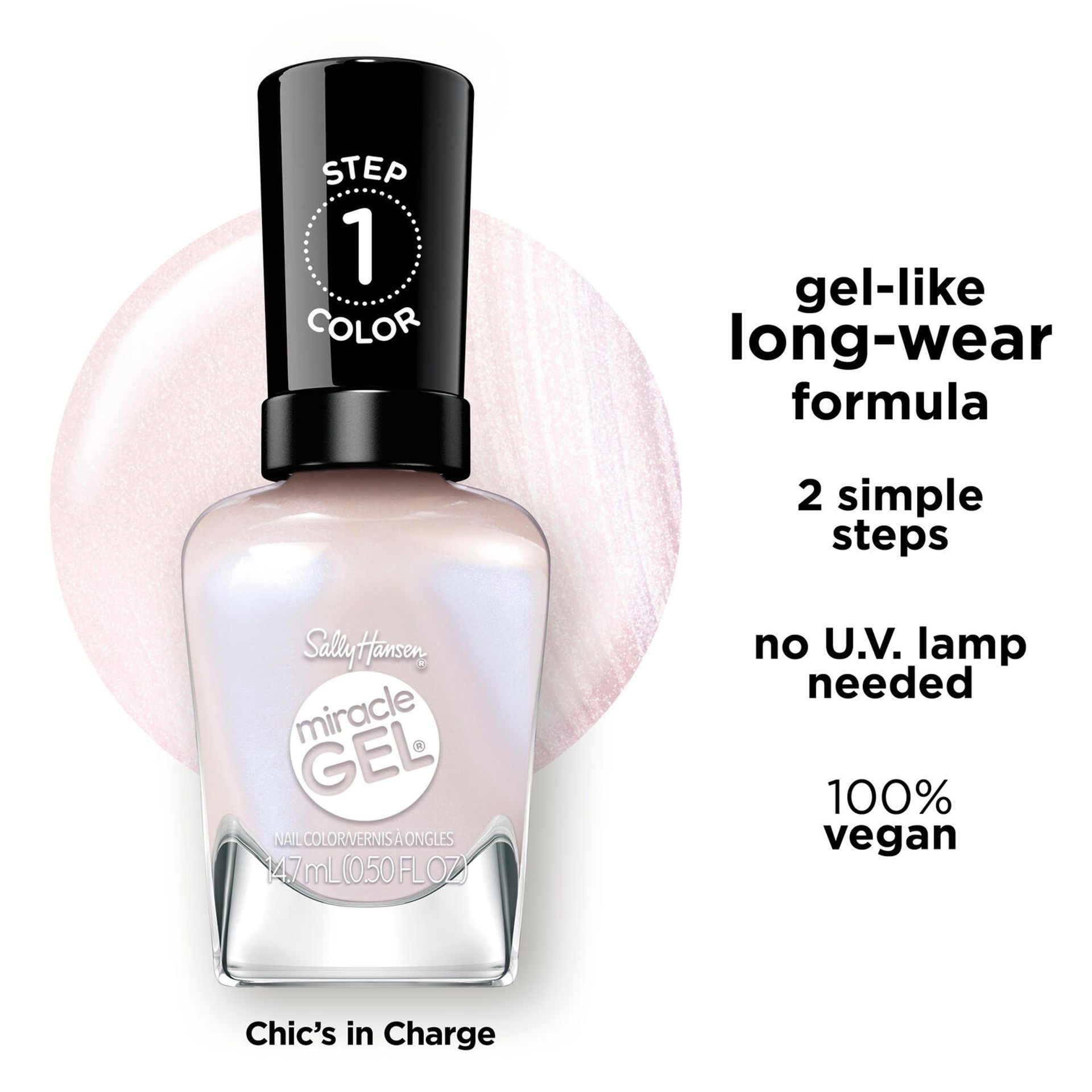 Sally Hansen Miracle Gel Supercharged Bold Glam nail polish bottle in Chic's In Charge 231, a rich mauve-pink, with color texture swatch