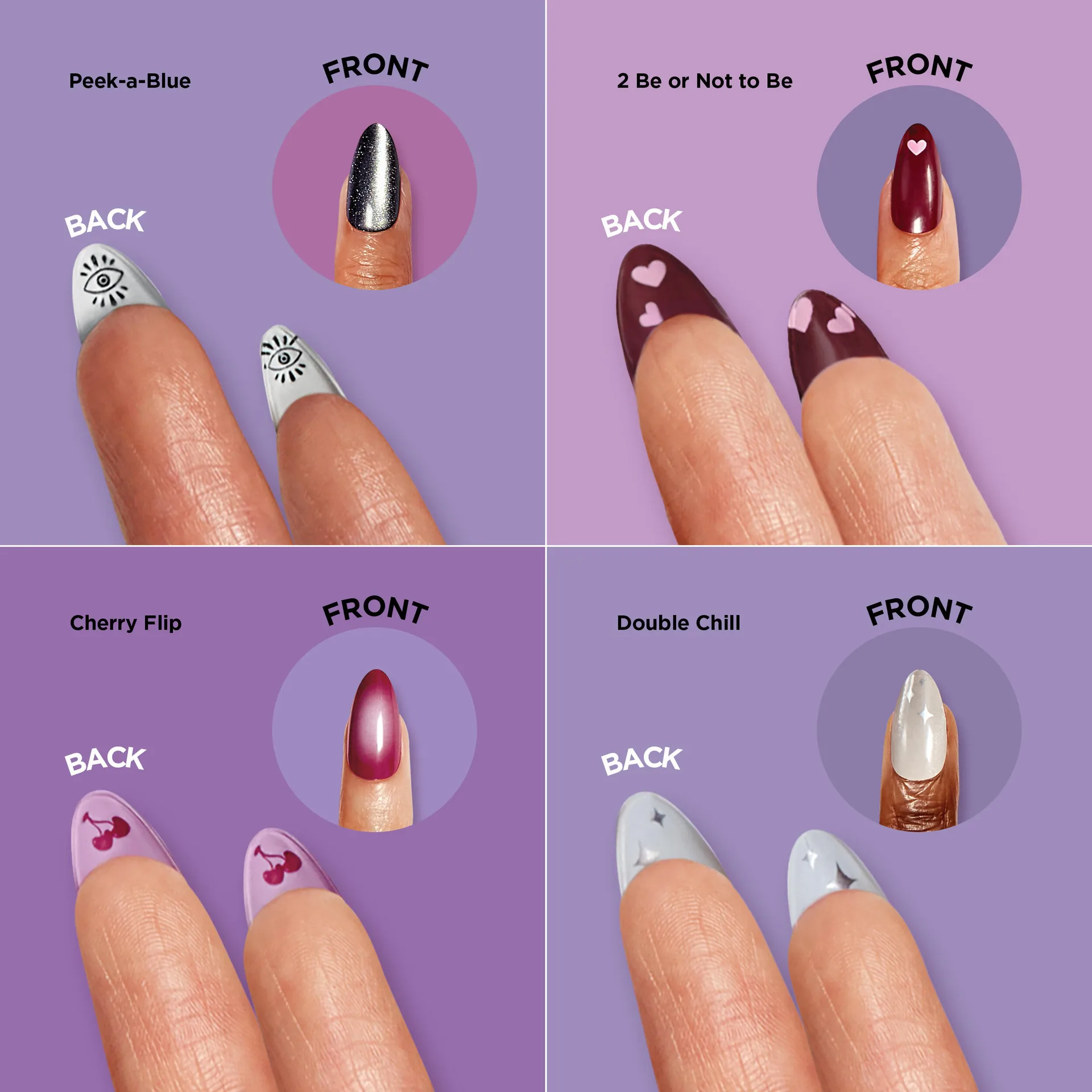 Sally Hansen Twice As Nice Perfect Press On collection — grid of model hands showcasing all four double-sided press-on shades
