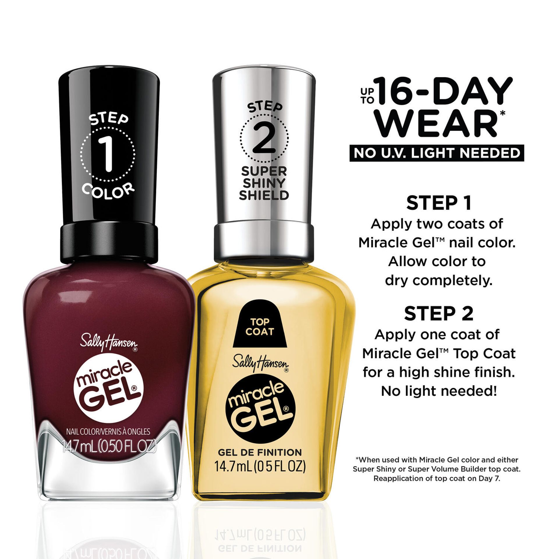 Step 1: Apply one coat of Sally Hansen Miracle Gel Supercharged Bold Glam in Downtown Rush 490 to clean nails