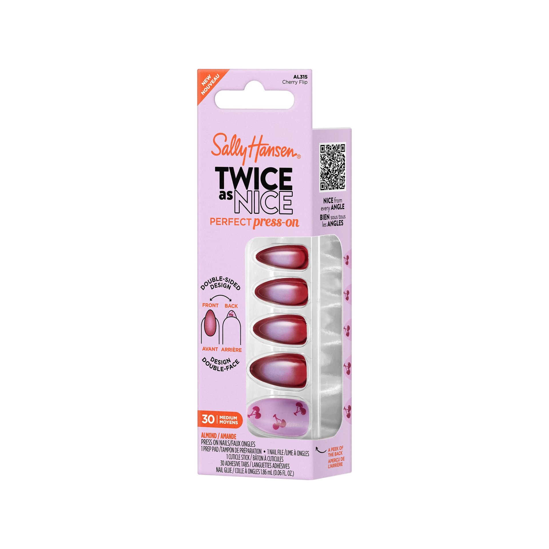 Sally Hansen Twice As Nice Perfect Press On Cherry Flip AL315 — angled carton pack shot