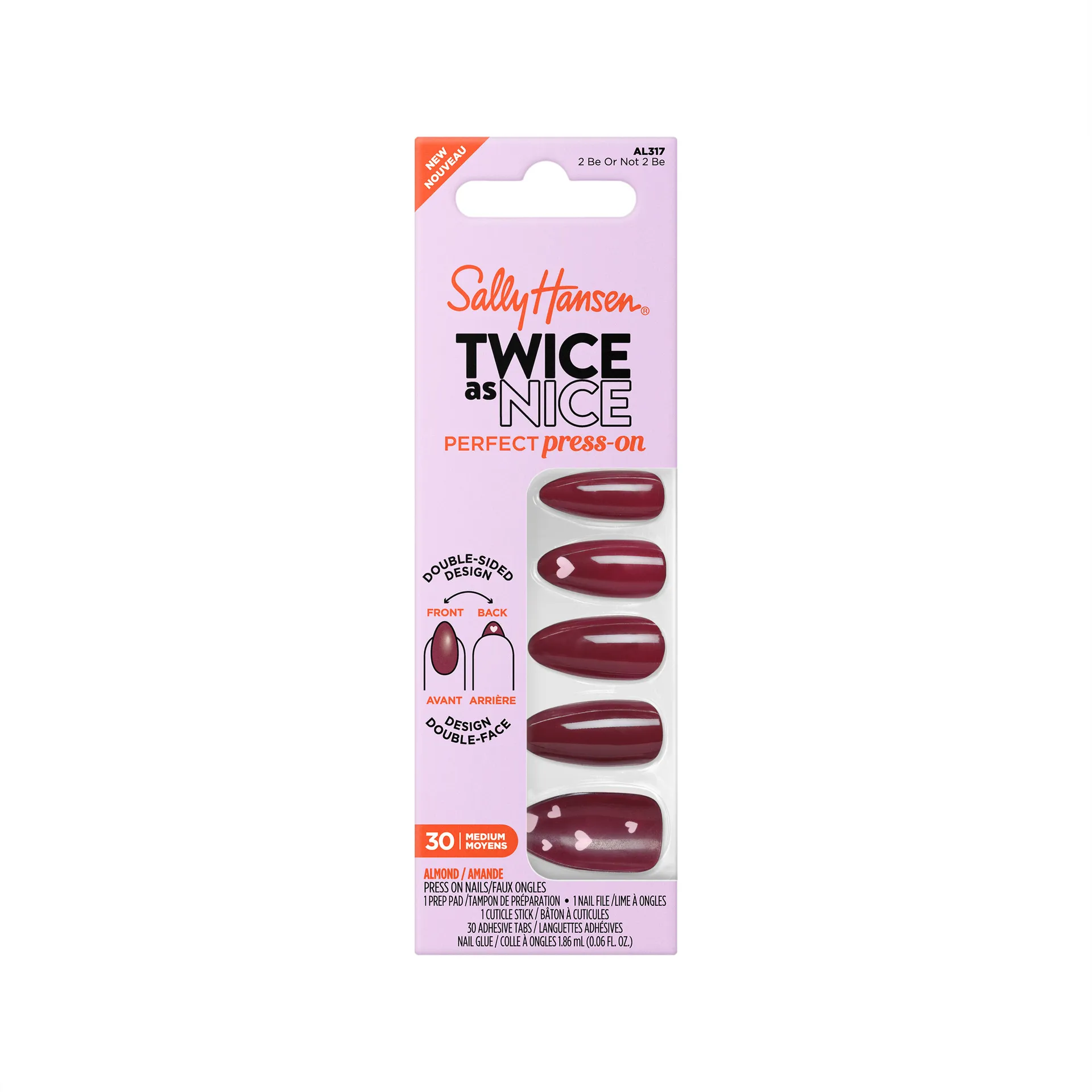 Sally Hansen Twice As Nice Perfect Press On nails in 2 Be Or Not 2 Be AL317 — front of carton pack showing double-sided almond press-on design