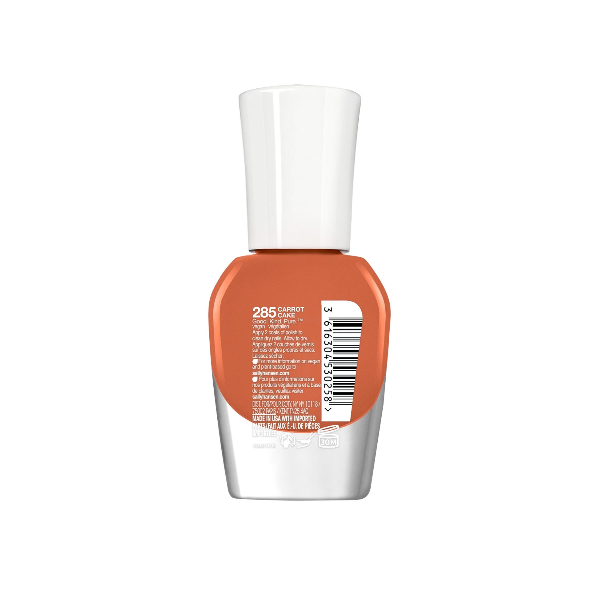 Sally Hansen GOOD. KIND. PURE.™ nail polish in Carrot Cake with a white cap and orange shade.