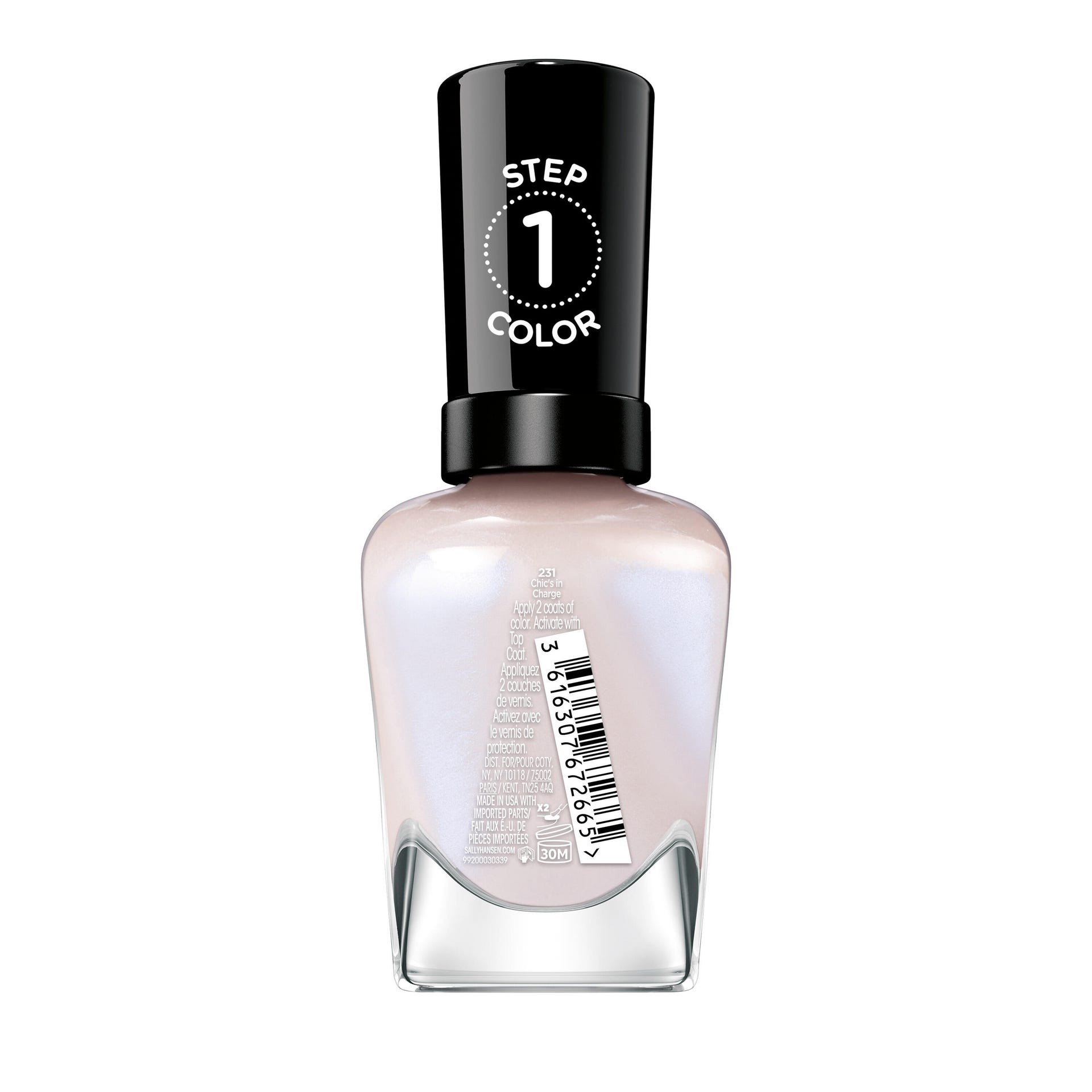 Back of Sally Hansen Miracle Gel Supercharged Bold Glam nail polish bottle in Chic's In Charge 231 showing product label and ingredients