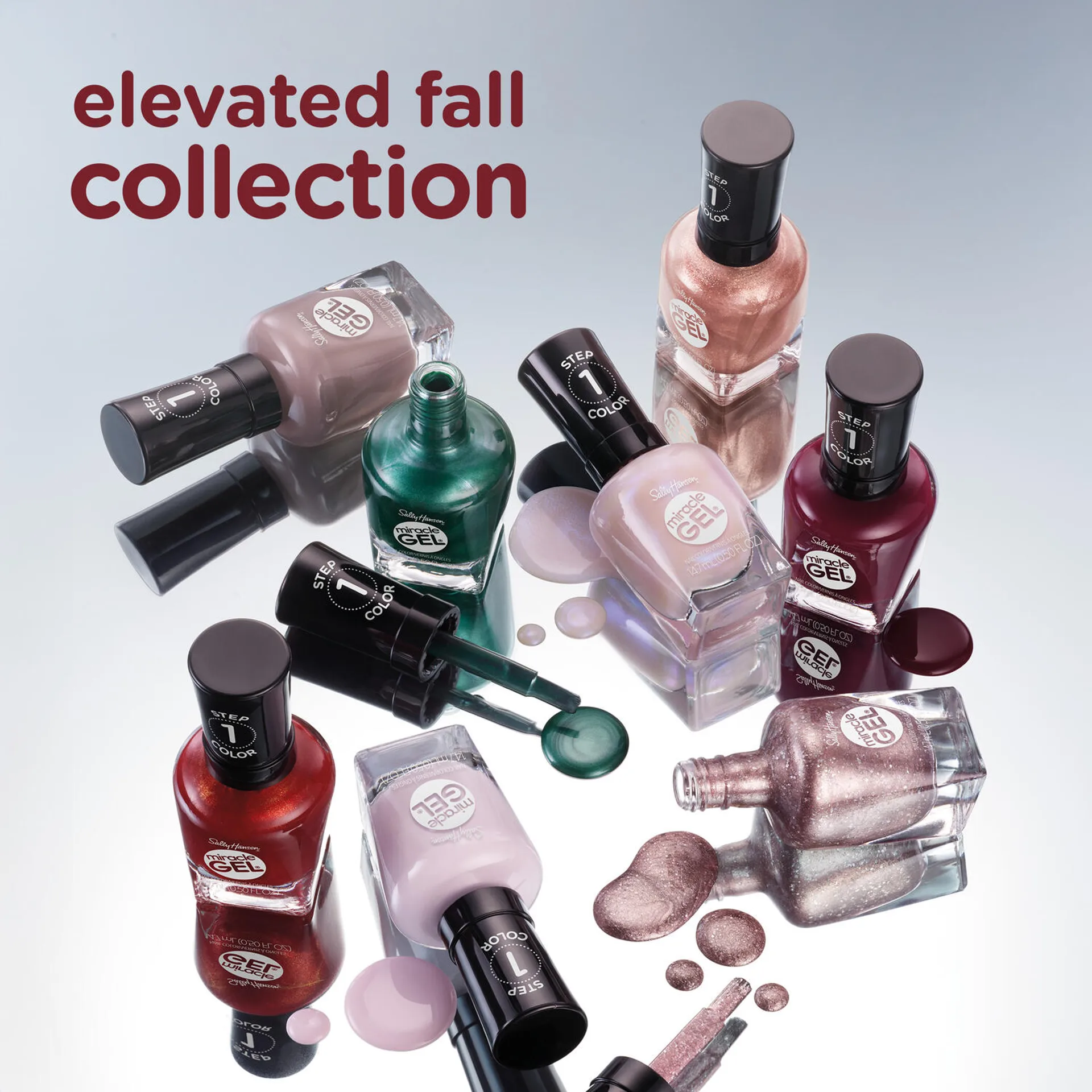 Sally Hansen Miracle Gel Supercharged Bold Glam full nail polish collection — all 8 bold shades displayed together with infographic overlay
