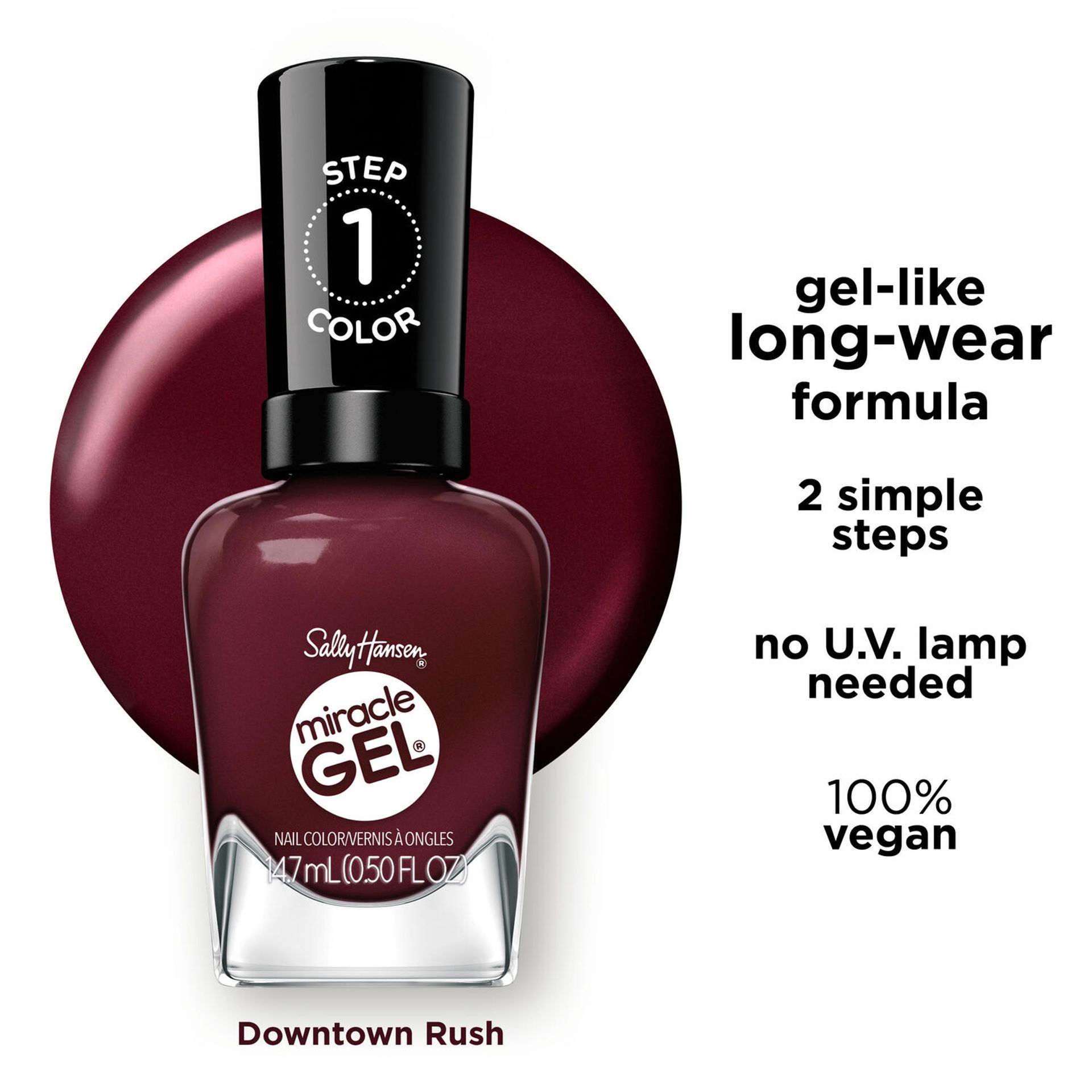 Sally Hansen Miracle Gel Supercharged Bold Glam nail polish bottle in Downtown Rush 490, a bold deep burgundy, with color texture swatch