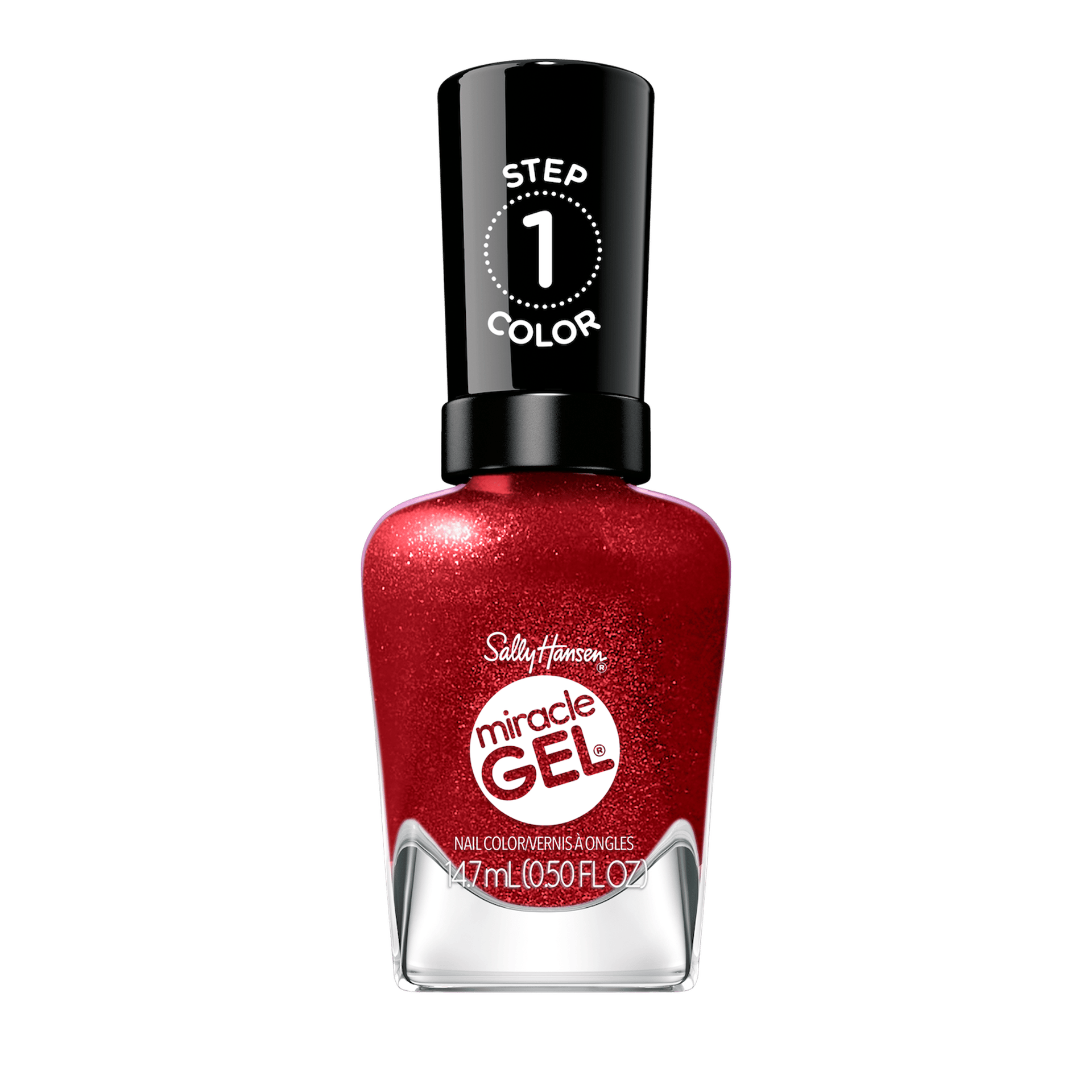 Sally Hansen Miracle Gel Supercharged Bold Glam nail polish bottle in XOXO Sally 460, a radiant red pearl shade