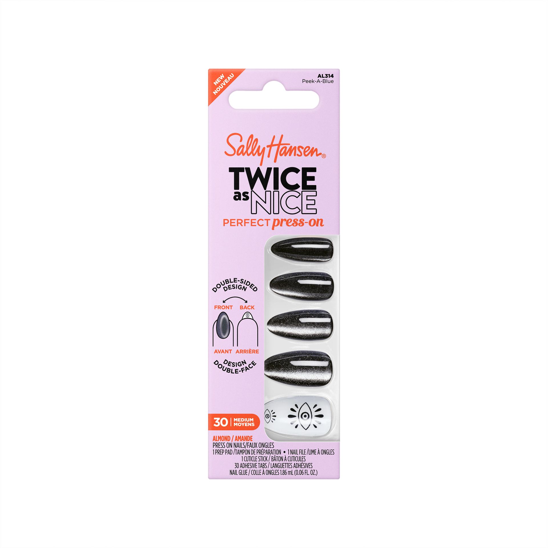 Sally Hansen Twice As Nice Perfect Press On nails in Peek-A-Blue AL314 — front of carton pack showing double-sided almond press-on design